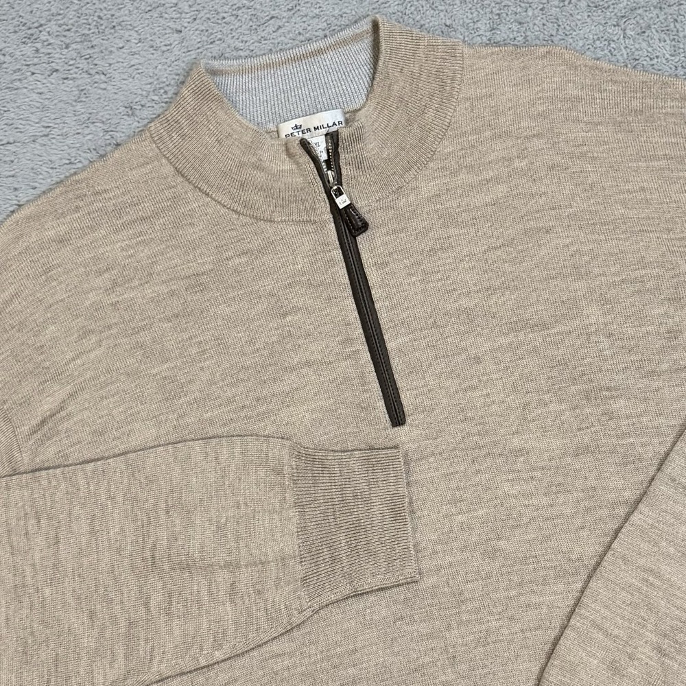 Peter Millar 1/4 Zip Knit Sweater Mens 2XL Camel Merino Wool Silk Blend Pullover